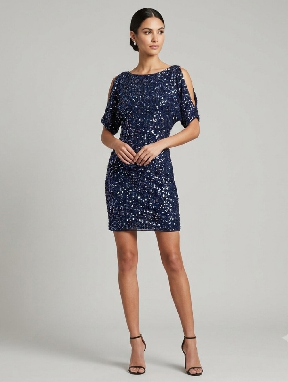 Navy Sequin Short Sleeve Sheath Dress
